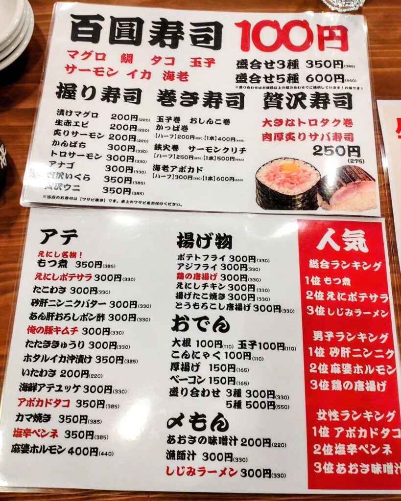 百圓寿司スタンドえにし 烏丸御池店の寿司メニュー